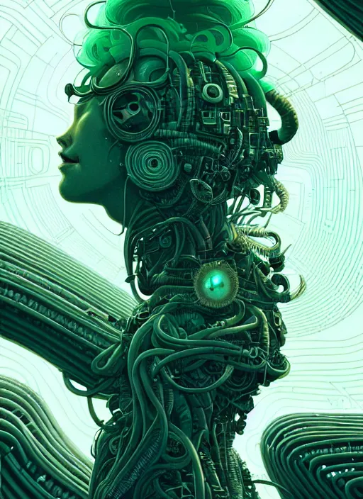 Image similar to highly detailed portrait of a biopunk long curly white hair tribal lady, stray wiring by atey ghailan, james gilleard, by joe fenton, by greg rutkowski, by greg tocchini, by kaethe butcher, 4 k resolution, gradient green, black and white color scheme!!! ( ( irradiated robotic cavern background ) )