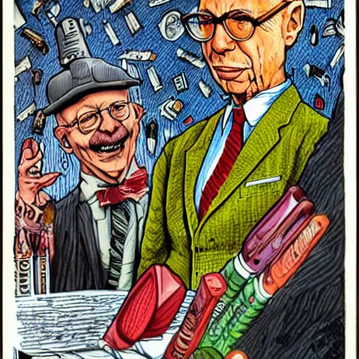 Image similar to The Artwork of R. Crumb and his Cheap Suit Klaus Schwab and Justin Tradeau, pencil and colored marker artwork, trailer-trash lifestyle