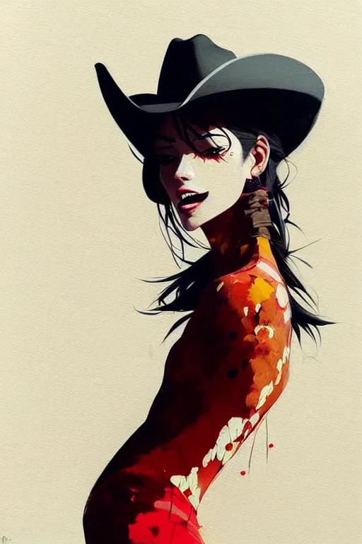 Image similar to a ultradetailed beautiful painting of a stylish woman wearing a cowboy hat and smirking by conrad roset, greg rutkowski and makoto shinkai trending on artstation