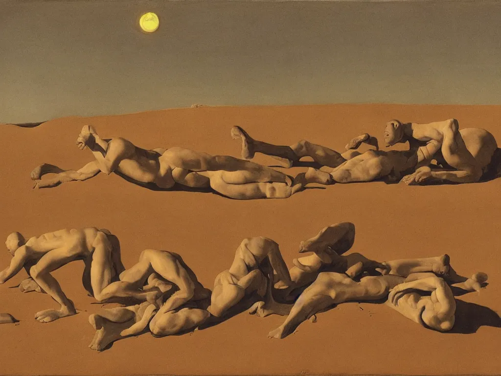 Image similar to Men wrestling in the mud, sculpted by Henri Moore. Moon light alien desert landscape. Painting by Georges de la Tour, Balthus, Roger Dean