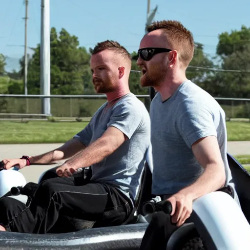 Prompt: Bryan Cranston and Aaron Paul in go karts