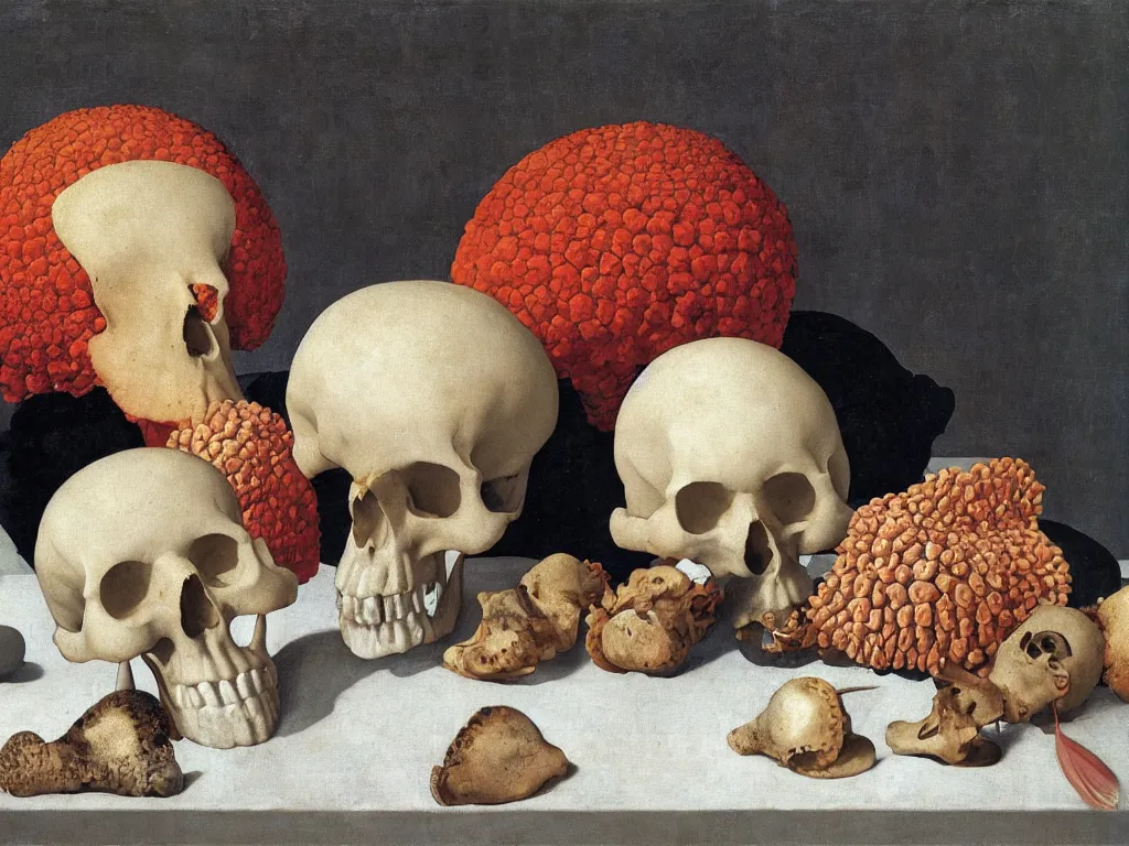 Prompt: Still life with skull corals, skull conch shell, white cloth, lily, skull water cup. Painting by Piero della Francesca, Zurbaran, Morandi