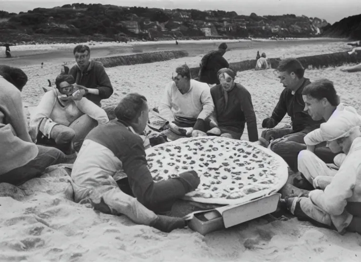 Image similar to vintage photo of a pizza party on omaha beach in normandy