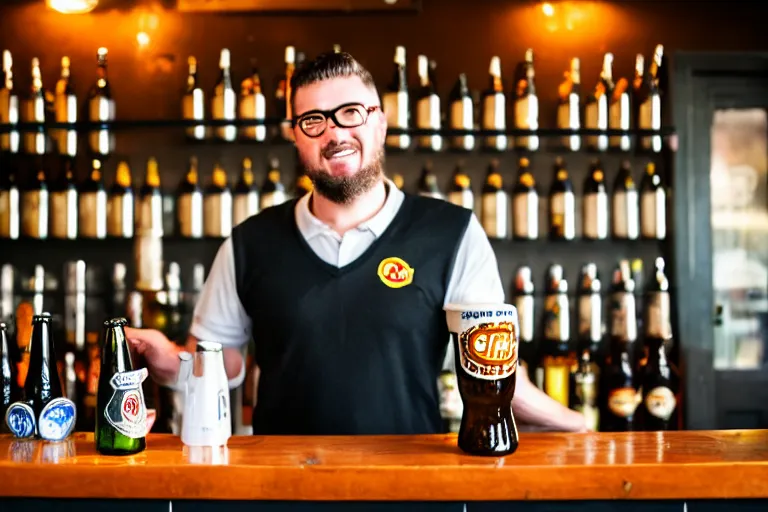 Image similar to a anthropomorphic bottle of beer, customer, stands in front of a bar waiting to be served by the bartender