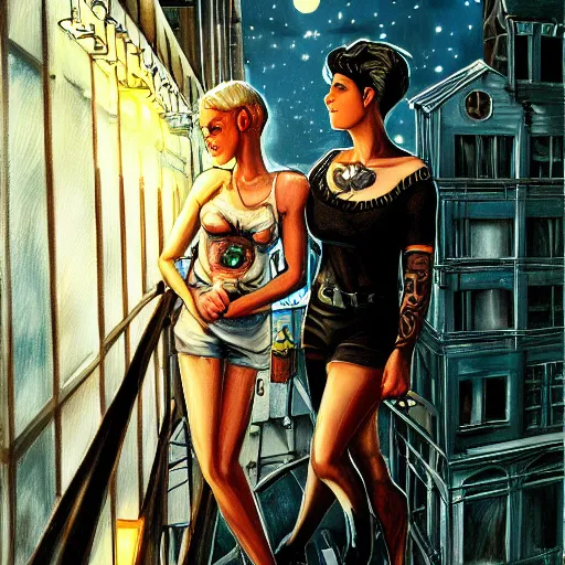 Prompt: short - haired tattooed heroic stoic handsome muscular blonde butch tomboy woman engineer standing beside dark fae feathered gothic jennifer connelly standing together on a balcony at night, in love, rocket factory in background, highly detailed, trending on art station, oil painting