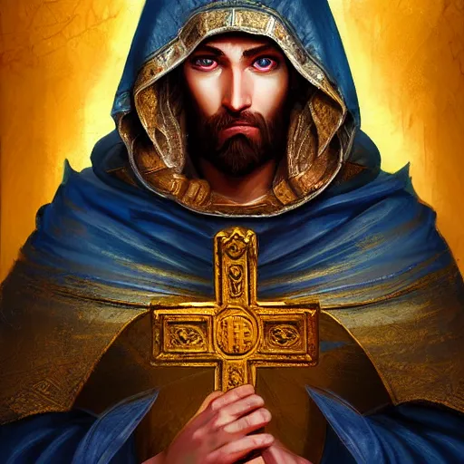 Prompt: detailed portrait of holy crusader, old roman style, non - reflective blue neon cloak, decorated with traditional holy church ornaments by rhads, makoto shinkai cyril rolando, madgwick illustrated, perfect face, fine details, realistic shaded, fine - face, pretty face