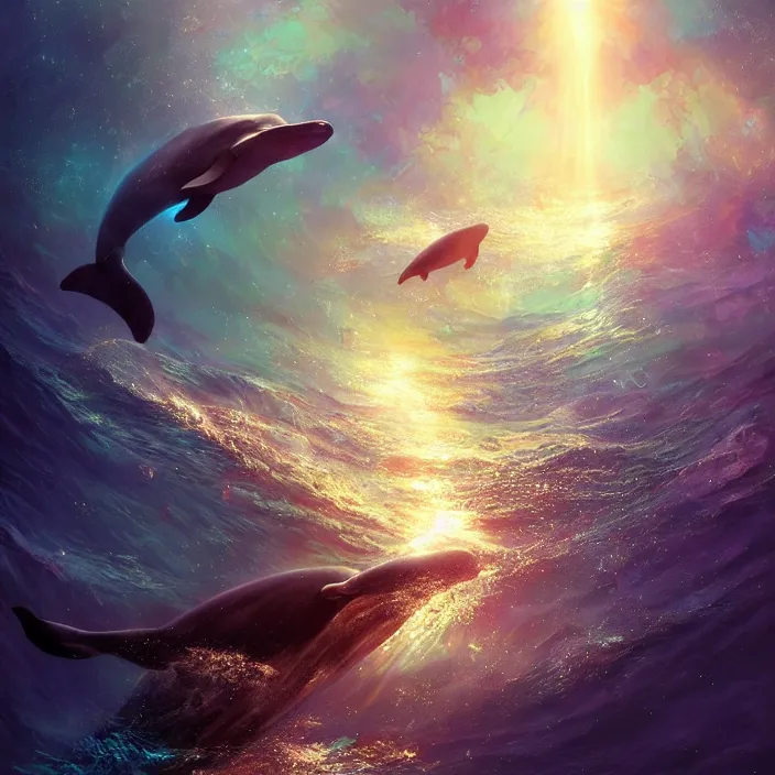 Image similar to glimmering whale splash, dolphins, golden hour, god rays, coral reef, dreamscape by artgerm and ruan jia and ismail inceoglu and greg olsen, cosmos, milky way galaxy, masterpiece, beautiful, intricate, elegant, highly detailed