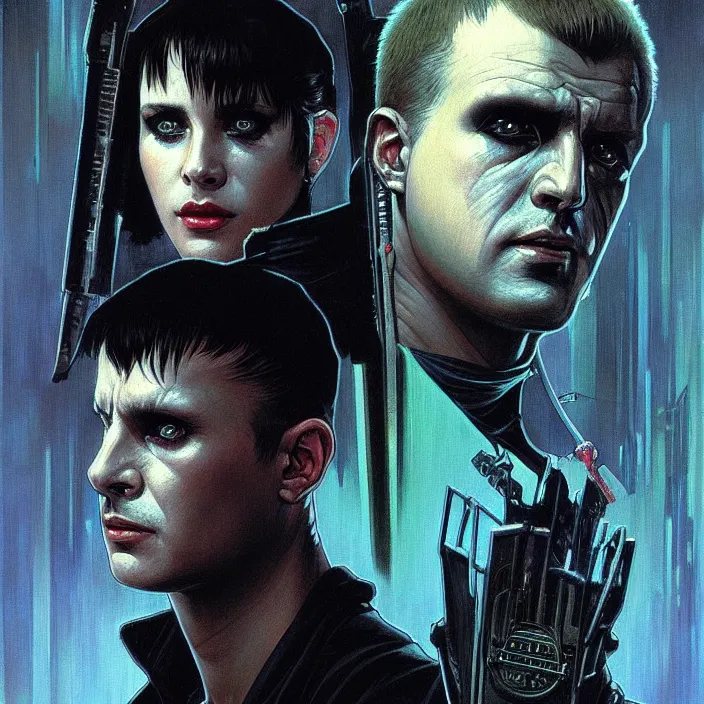 Image similar to excellent painted portrait of a replicant sanitation worker from blade runner (1982), cyberpunk blade runner art, character artwork, 8k resolution artwork, trending on artstation, detailed oil painting portrait, art by artgerm and greg rutkowski and alphonse mucha and craig mullins and James Jean and Andrei Riabovitchev and Marc Simonetti and peter mohrbacher, matte painting