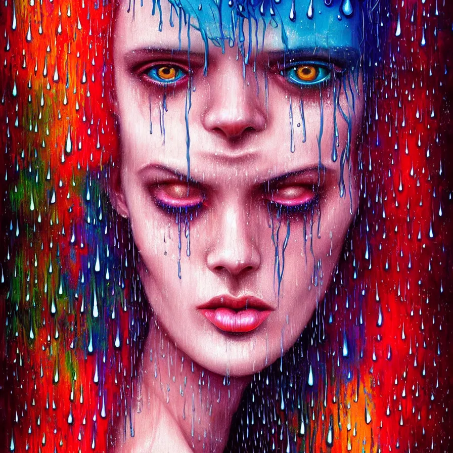 Image similar to bright asthetic portrait of LSD in rain with wet hair and face, liquid, fantasy, intricate, elegant, dramatic lighting, highly detailed, lifelike, photorealistic, digital painting, artstation, illustration, concept art, smooth, sharp focus, art by John Collier and Albert Aublet and Krenz Cushart and Artem Demura and Alphonse Mucha