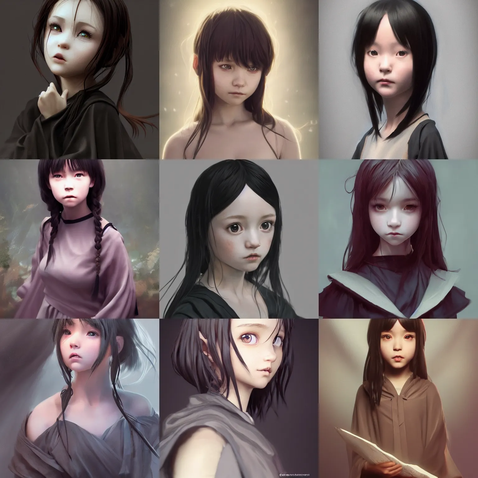 Image similar to Clothed.realistic style at CGSociety by WLOP,ilya kuvshinov,krenz cushart,Greg Rutkowski,trending on artstation.Zbrush sculpt colored,Octane render in Maya,Houdini VFX.Realistic fantasy cute young girl who is dark disciple,expressing joy,wearing mystic robe,silky hair, deep eyes.Oil painting.Cinematic dramatic atmosphere,sharp focus,soft volumetric studio lighting.