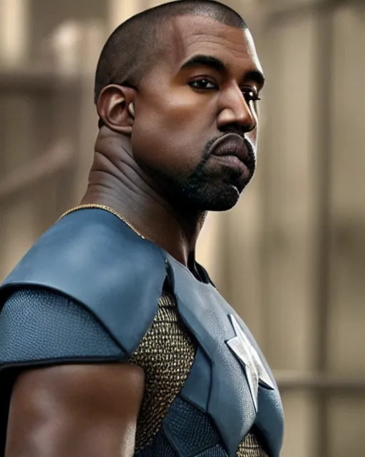 Image similar to film still close - up shot of kanye west as captain america from the movie captain america : the first avenger. photographic, photography