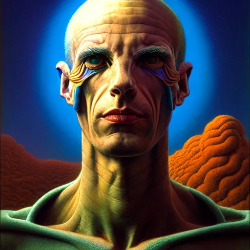 Prompt: cinematic portrait of a man from metaverse, only head and chest, intricate, desaturated, Tim Hildebrandt, Wayne Barlowe, Bruce Pennington, donato giancola, larry elmore, maxfield parrish, Moebius, Thomas Ehretsmann, oil on canvas, gouache painting, masterpiece, trending on artstation, cinematic composition, dramatic pose, volumetric lighting, sharp, details, hyper-detailed, HD, 4K, 8K