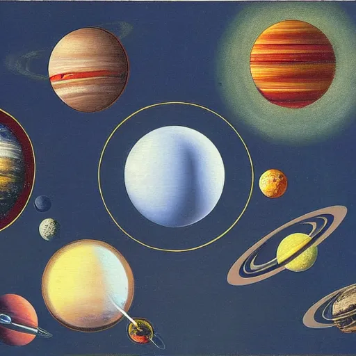 Image similar to dadaist artwork depicting the solar system