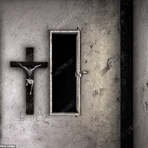 Prompt: interior of a prison cell with an old crucifix of jesus christ on the center of a dirty wall, eerie atmosphere, hyperrealism, realistic