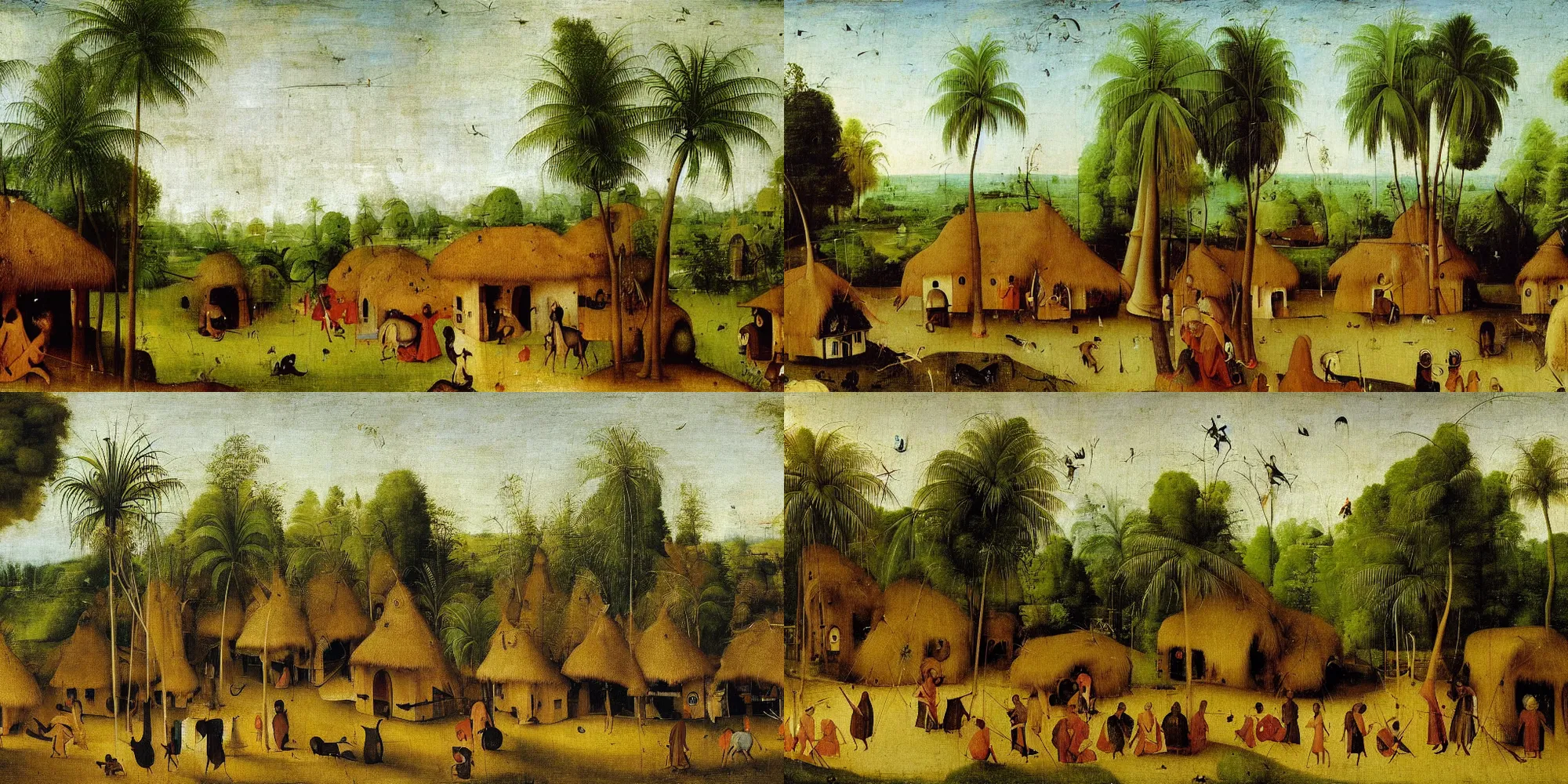 Prompt: painting of a kerala village by Hieronymus Bosch, with some coconut trees and thatched houses