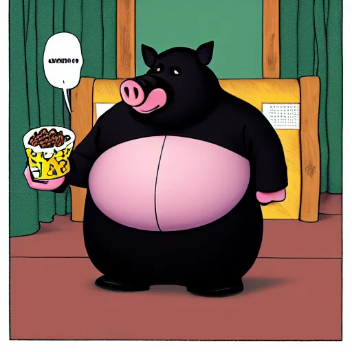 Image similar to comic art of a obese pig in a black tshirt wearing a crown eating snacks, drawn by Bruce MacKinnon, vivid color, cgsociety 4K