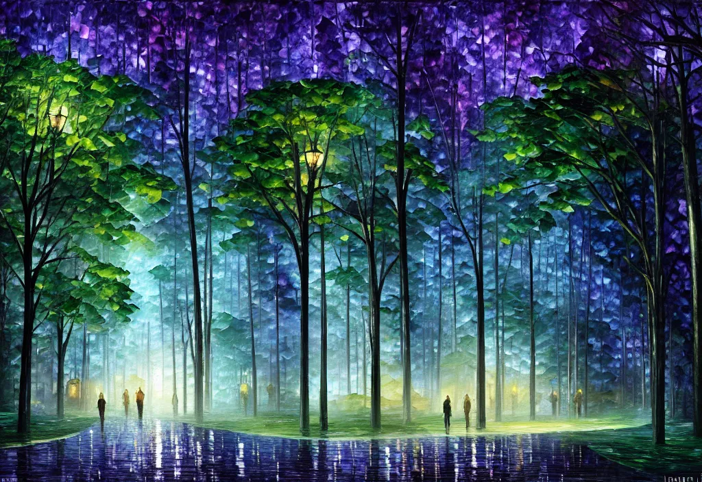 Image similar to lothlorien at night, very dark sky with green lights, blue lights and purple lights, elven forest town with houses up in the trees, oil painting, dramatic lighting, jakub kasper, makoto shinkai, leonid afremov, hyperrealistic, cinematic, elegant, intricate