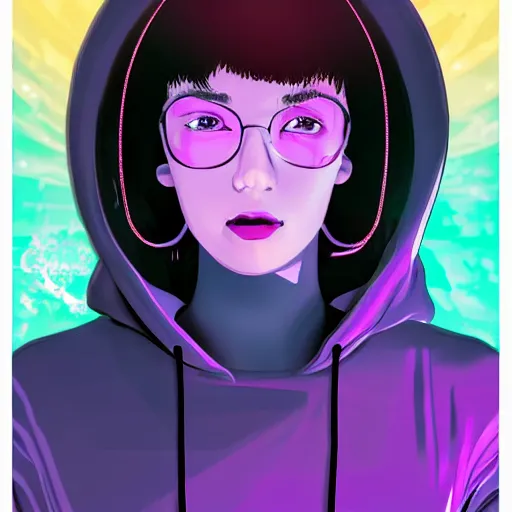 Image similar to poster artwork, sci fi, a female, full body, black hoodie techie, black hair with purple streaks, 8 k