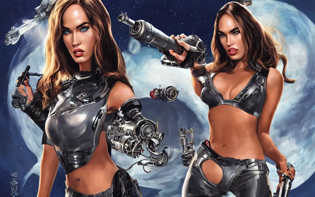 Image similar to megan fox as barbarella. floating through an airlock, holding a raygun. symmetrical. coherent. soft lighting. 4 k, ray tracing, glamorous. sophisticated. hyper detailed painting. trending on artstation. cinematic.