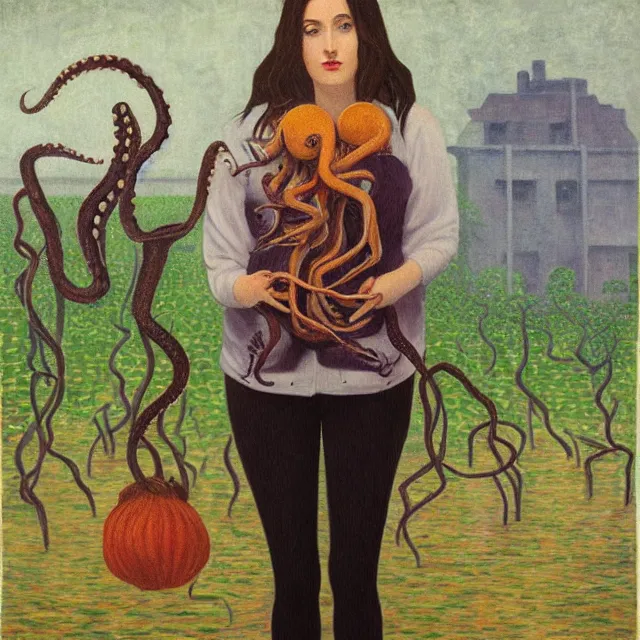 Image similar to tall emo girl artist holding an octopus, in a flooded art gallery, books, small portraits, gourds, berries, vines, pigs, acrylic on canvas, surrealist, by magritte and monet