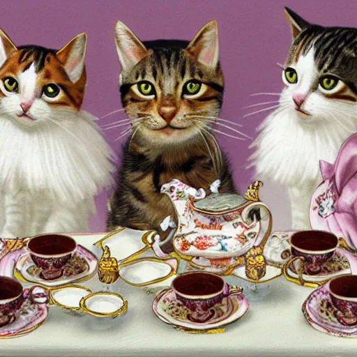 Image similar to three tabby cats attend a fancy english tea party, photorealistic