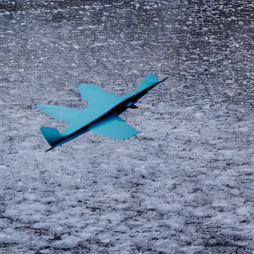 Prompt: an ice blue phoenix flying over a frozen lake