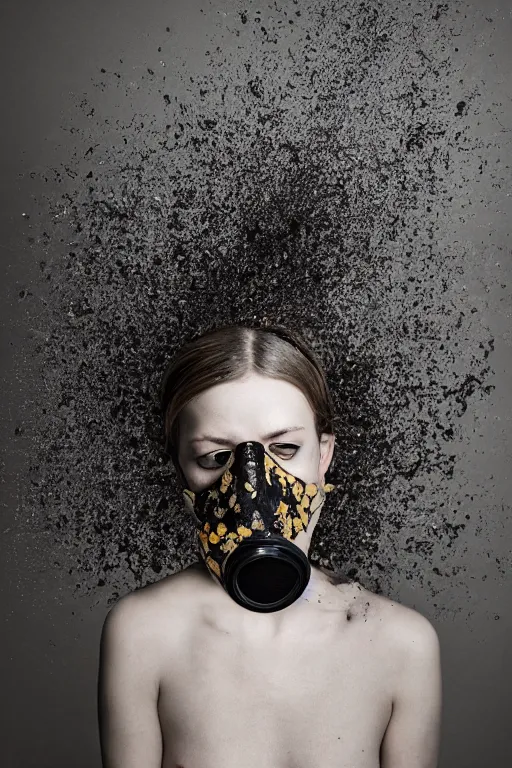 Image similar to a surreal portrait of a woman wearing gas mask diving into the ground of black flowers in the style of brooke didonato, editorial fashion photography from vogue magazine, full shot, nikon d 8 1 0, ƒ / 2. 5, focal length : 8 5. 0 mm, exposure time : 1 / 8 0 0, iso : 2 0 0