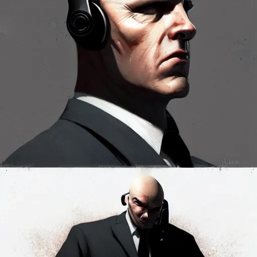 Image similar to a portrait pf agent 4 7 from hitman wearing headphones, highly detailed, digital art, artstation, concept art, smooth, sharp focus, greg rutkowski, wlop