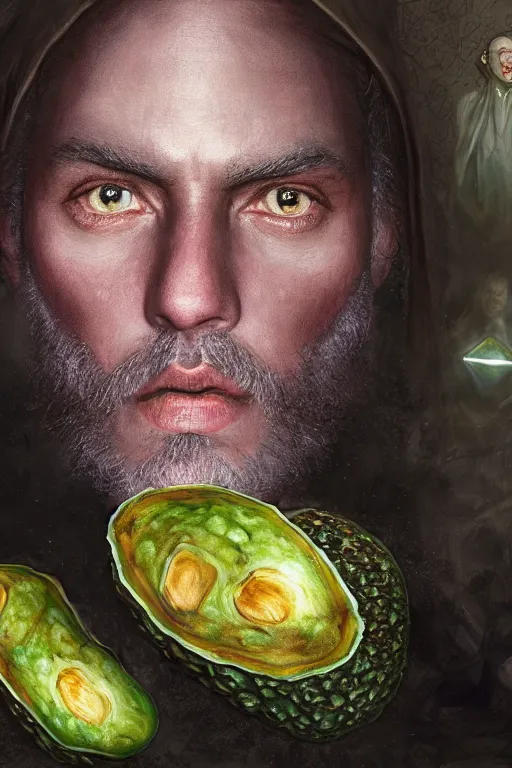 Image similar to avocadoman is a is a sorcerer's apprentice, artgem, digital painting, color painting, hyperrealistic, concept art, oil painting, masterpiece, concept art, trending on deviantart, realistic and detailed face, highly detailed, high quality, 8 k, soft lighting, fancy colors, fantasy, cinematic, high coherence