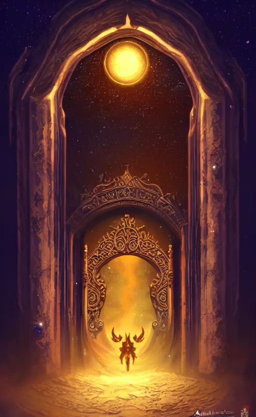 Image similar to a ornamental gate into stars a demon emerges from it, ornament, intarsia, portal, doorway, no background, dynamic lighting, ambient lighting, atmospherical, photorealistic fantasy concept art, trending on art station, stunning visuals, creative, cinematic, ultra detailed