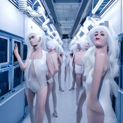 Image similar to troop of freak show women with white hair, white hair, tight light blue neopren suits, futuristic production facility, sci - fi, highly detailed, cinematic