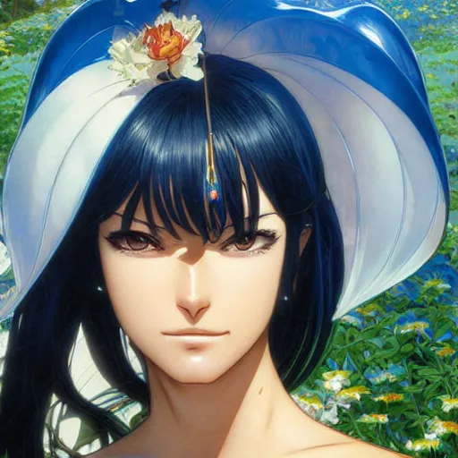 Image similar to highly detailed vfx portrait of nico robin by eiichiro oda!, makoto shinkai, alphonse mucha, sharp focus, art by artgerm and greg rutkowski!, backlit, harsh overhead sunlight, blue eyes!!, large aquiline nose!!, kaoru mori, best of behance,