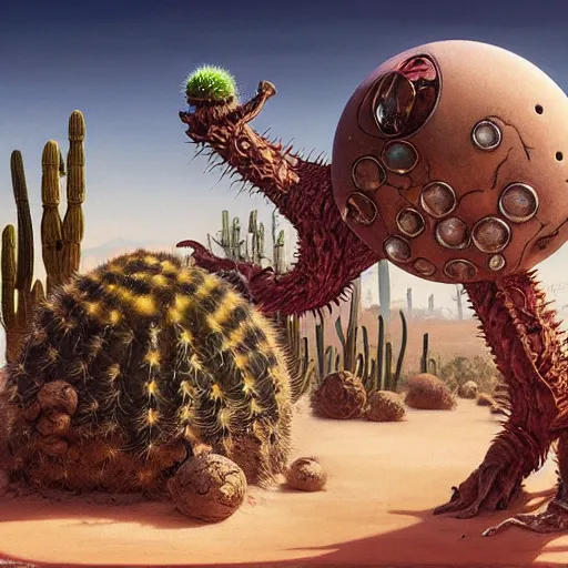 Image similar to ball creature covered with eyes, in the desert next to a cactus, d & d, fantasy, greg rutkowski, frank frazetta, alexandre chaudret, boris vallejo, michael whelan, miro petrov, hr giger, magali villeneuve, donato giancola