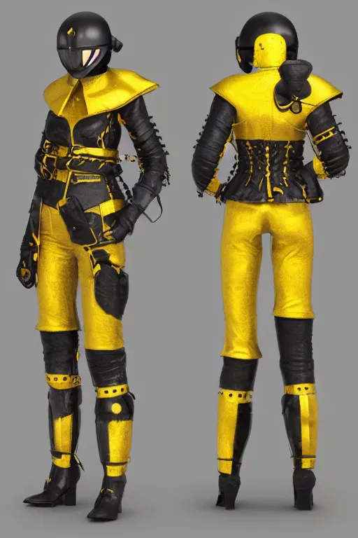Prompt: female adventurer in tight full - body canary yellow gambeson leather armor of italian design with diamond pattern and black accents and a closed armet helmet, trending in artstation, establishing shot