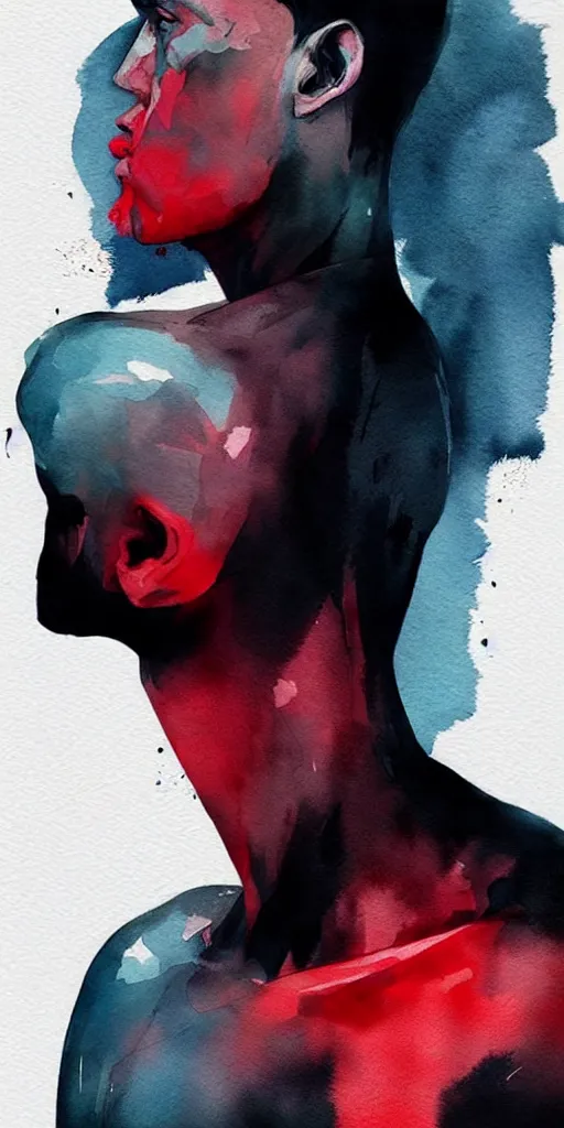 Image similar to closeup of one!!! athletic man posing dramatically with no face, no hair, black background, matte colors, by conrad roset, watercolor painting trending on artstation