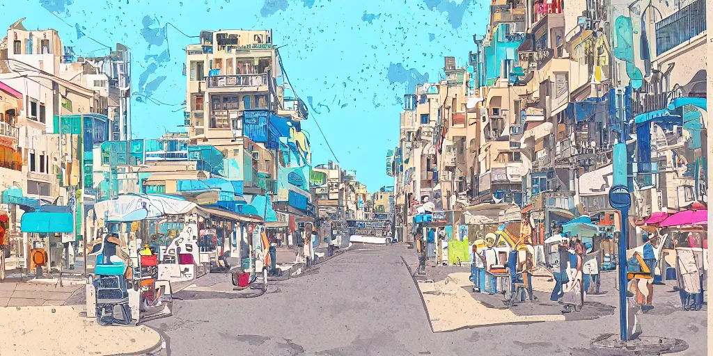 Prompt: tel aviv streets. optimistic. digital art. vector watercolor.