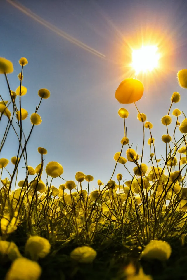Prompt: low angle, shot from below. f 1. 8, 1 6 mm, lens flare, helios lens, glow, bokeh. summer sunrise, morning summer sky. field of big frozen yellow flowers covered in ice. moon, photorealistic, romantic, raytrace, volumetric light