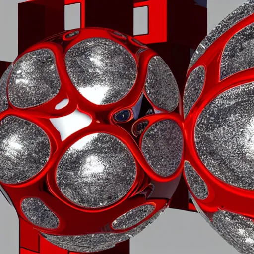 Prompt: chrome spheres on a red cube by judson huss