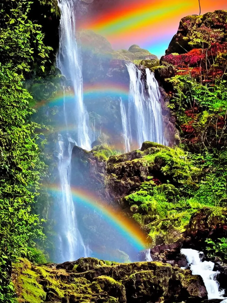 Prompt: artdeco of waterfall cascading onto rocks, small rainbow emerging in background, ethereal, beautiful scenery, detailed, amazing, glitter