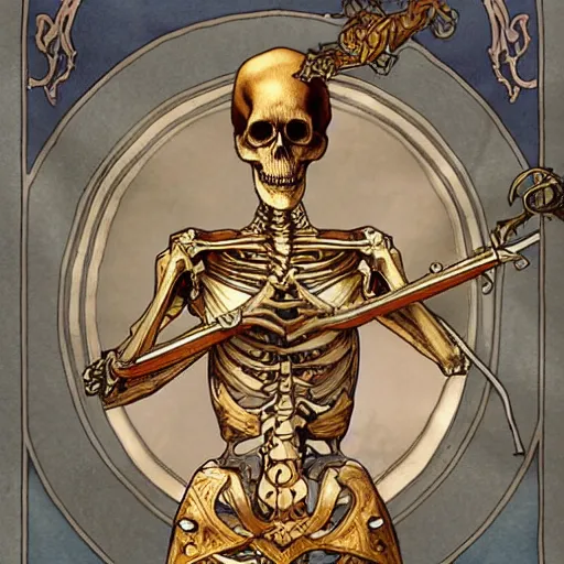 Prompt: skeleton with sickle, highly detailed, very intricate, art nouveau, gold filigree, award winning, tarot concept art watercolor illustration by mandy jurgens and alphonse mucha and alena aenami, featured on artstation