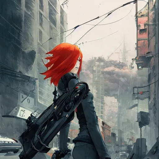 Prompt: VIDEO GAME PLAYSTATION 2 COVER ART PRINT, Redhead girl with glasses looking to the cars, cinematic lighting, dramatic atmosphere, by Dustin Nguyen, Akihiko Yoshida, Greg Tocchini, Greg Rutkowski, Cliff Chiang, 4k resolution, trending on artstation