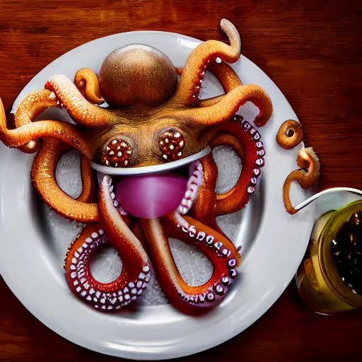 Image similar to octopus made of steel eating fastfood, 5 5 mm