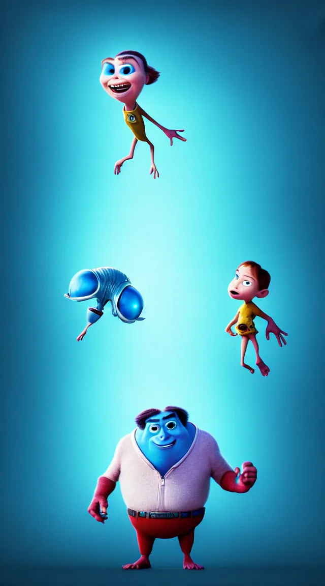 Image similar to a full studio shot of an airborne virus as a pixar character against a dark cyan backdrop. its cute, evil and adorable. hyper realistic photo, full color, upscale, 8 k.