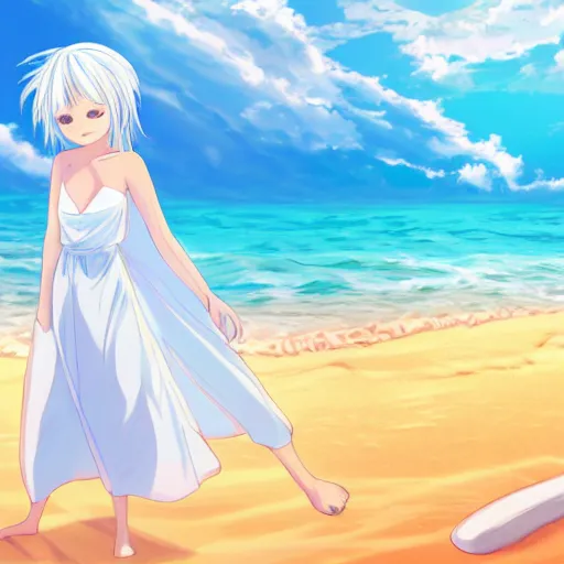 Image similar to a girl with light blue eyes, light blue hair in a white nightgown lies on the sand on the beach, anime style, high quality, 4 k digital art,