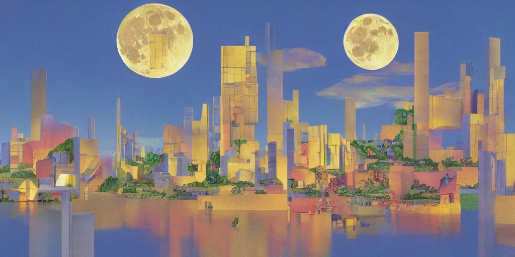 Image similar to fantasy city with moon by STEVEN HOLL trending on artsation