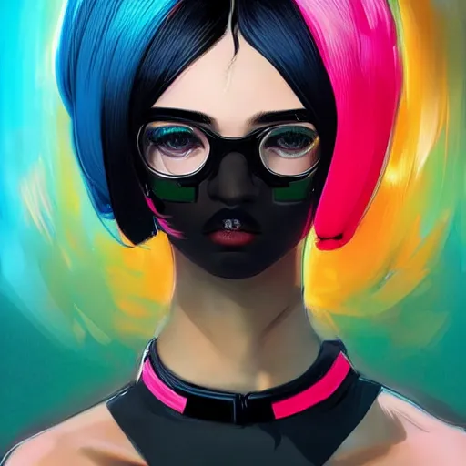 Image similar to poster woman with futuristic streetwear and hairstyle, colourful, cute face, big eyes, dynamic portrait, full face shot, intricate eyes, beautiful, elegant, Anime by Kuvshinov Ilya, Cushart Krentz and Gilleard James, 4k, HDR, Trending on artstation, Behance, Pinterest, award winning