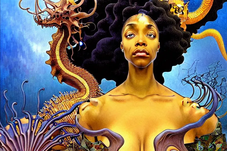 Image similar to realistic extremely detailed closeup portrait painting of a beautiful black woman wearing futuristic dress, mutant dragon on background by Jean Delville, Amano, Yves Tanguy, Alphonse Mucha, Ernst Haeckel, Edward Robert Hughes, Roger Dean, rich moody colours