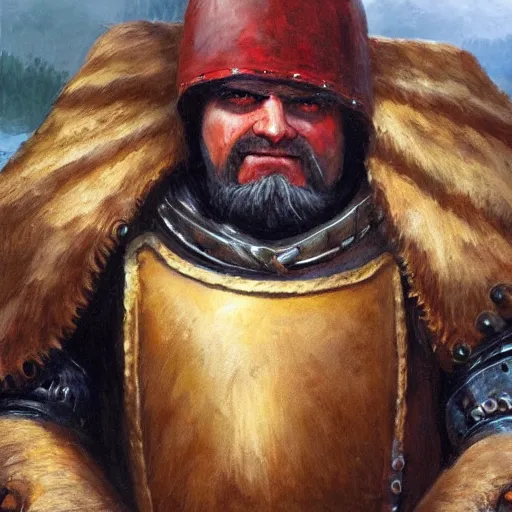 Image similar to a russian warrior who is wearing iron gauntlets in the shape of bear claws in the style of warhammer fantasy : : head and shoulders oil painting