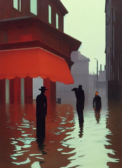 Image similar to westworld android dressed in transparent plastic bags, on flooded street Edward Hopper and James Gilleard, Zdzislaw Beksinski, highly detailed