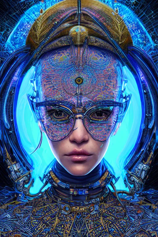 Image similar to Portrait of a psychedelic sci-fi shaman, third person, D&D, sci-fi fantasy, intricate, blue and gold, highly detailed , art by Range Murata, highly detailed, 3d, octane render, bright colors, digital painting, trending on artstation, sharp focus, illustration style of Stanley Artgerm,